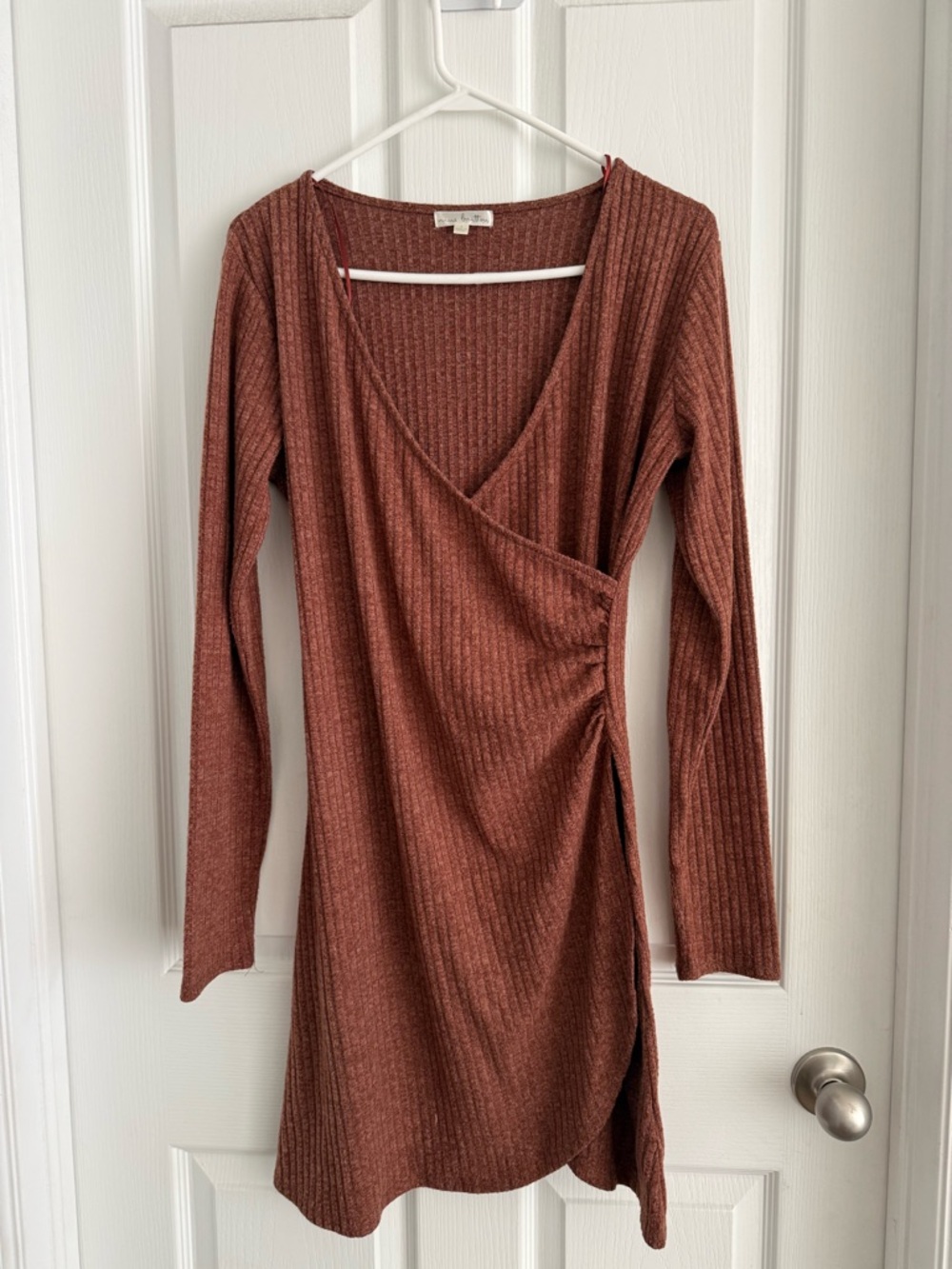 nine britton Ribbed Wrap-Style Long Sleeve Dress in Rust Brown